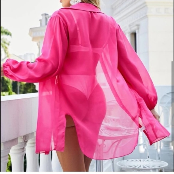 Pink chiffon sheer button down beach cover up - Picture 3 of 3